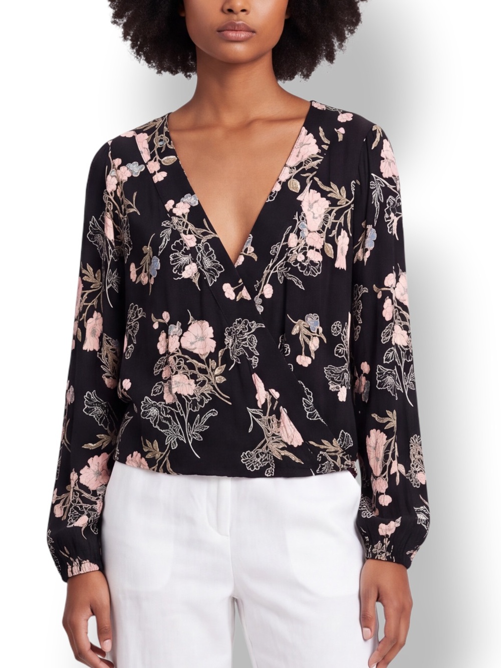 4/$20 Mossimo Supply Co Black Floral Surplice Wrap Blouse Top M